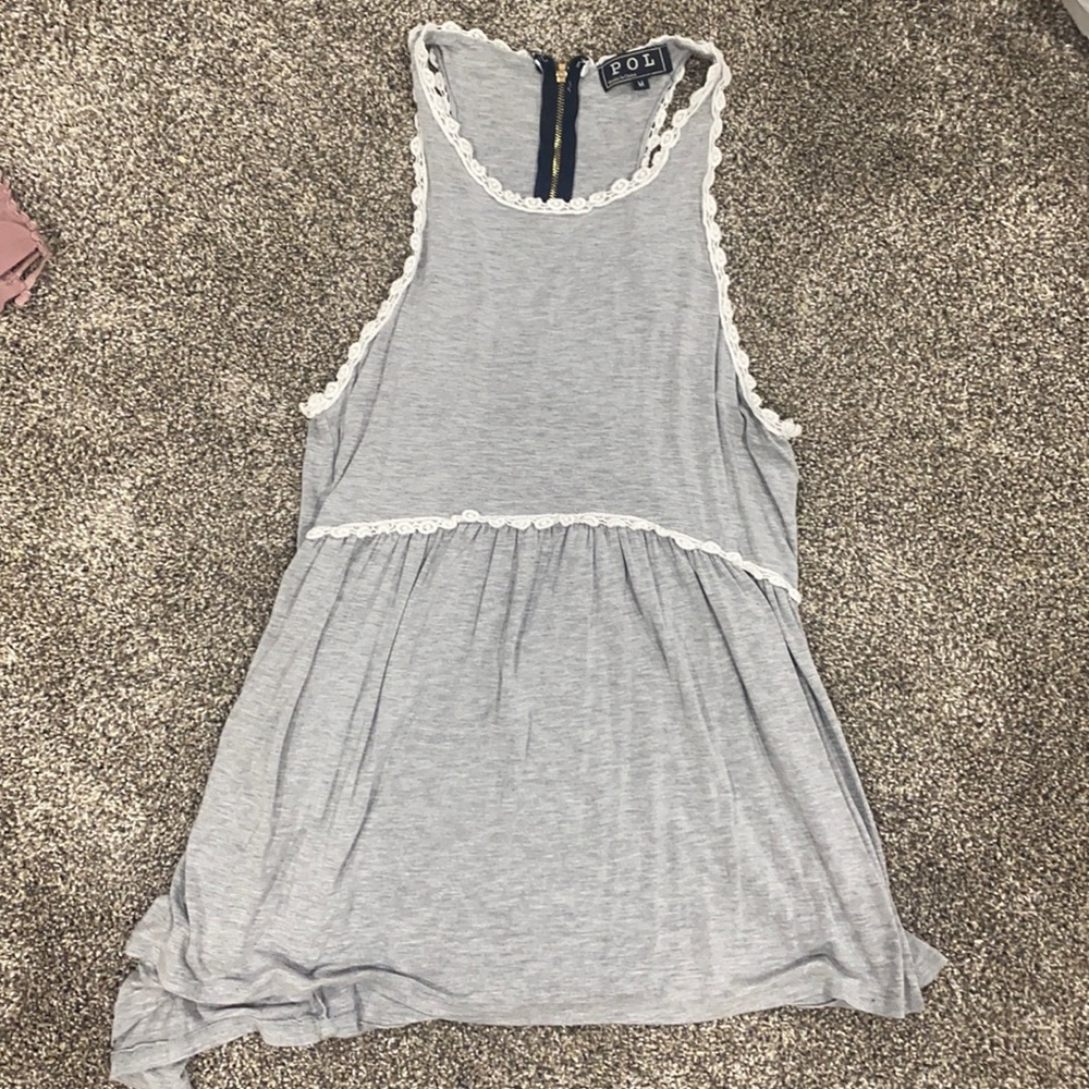 Grey flowy shirt with white lace flowers